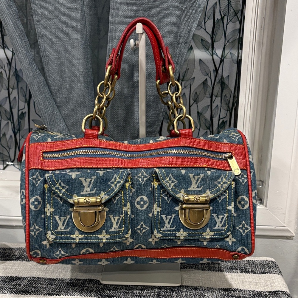 Stylish Denim and Red Handbag
